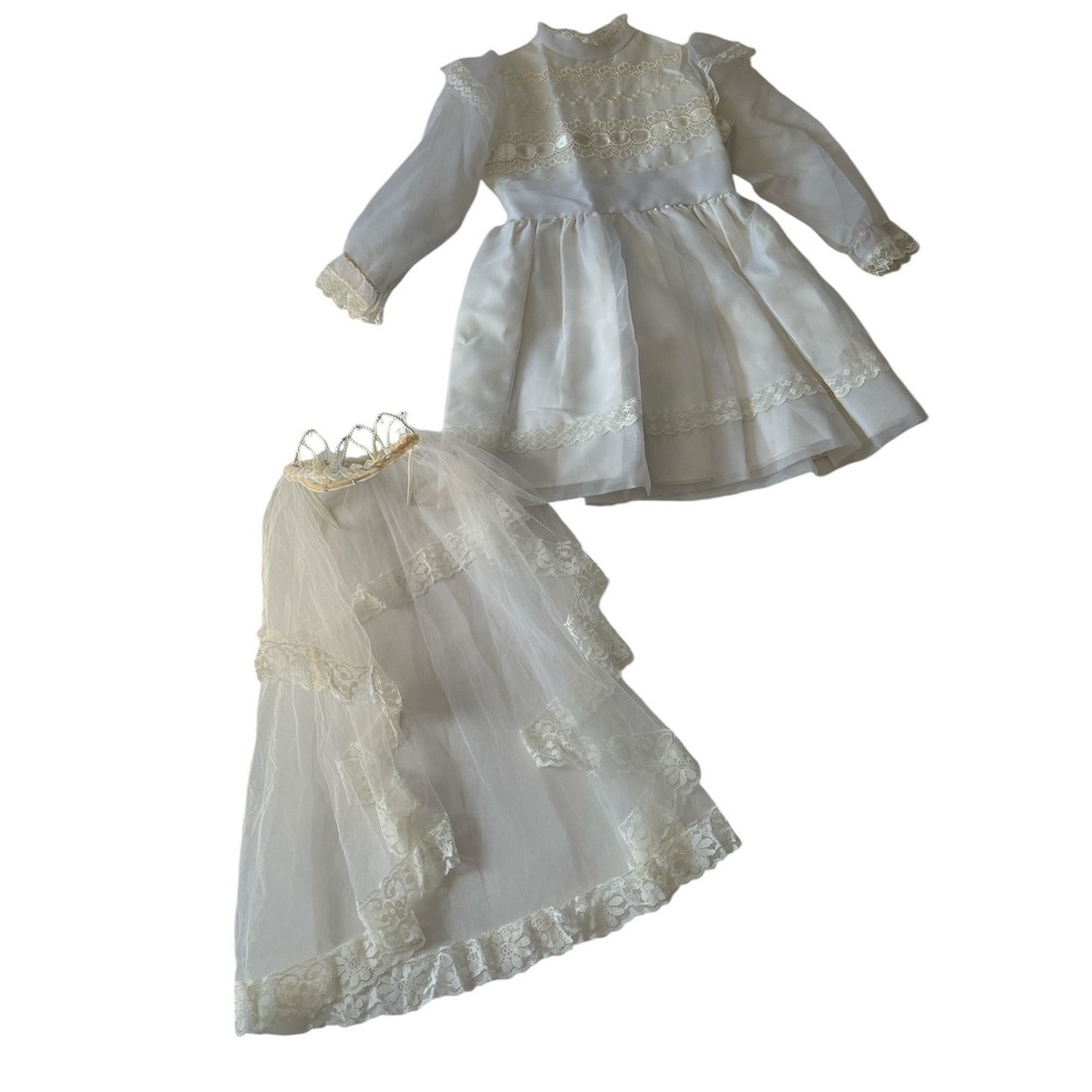 Vintage JCPenney 1st Communion Dress with Veil, Lace Trim, Long Sleeve, Size 6X